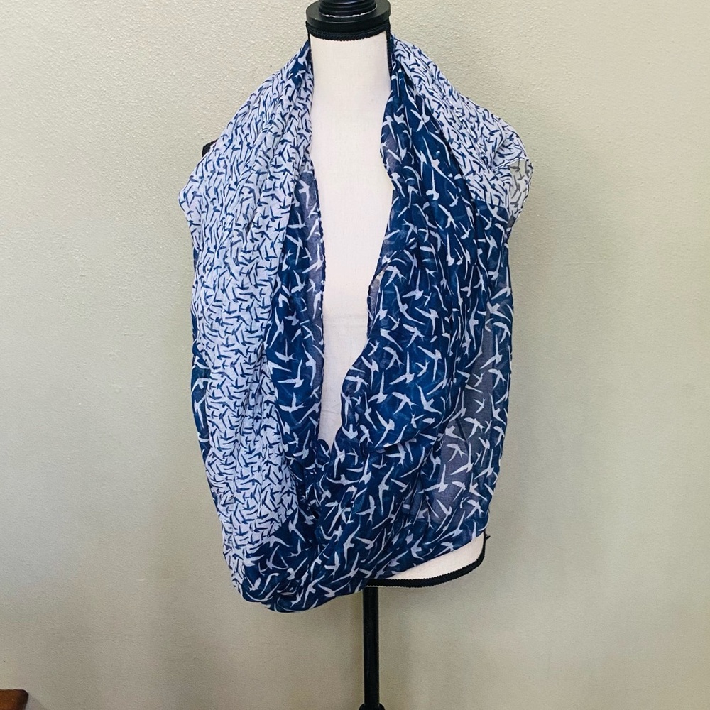 Oversized Infinity Scarf - Blue & White Abstract Birds - Whimsical